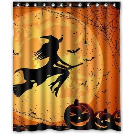 rideau de douche Halloween - Rideau de douche sorcière citrouille avec crochets pour décoration d'Halloween, 183 x 183 cm (Sorcière citrouille lune) (1/3)