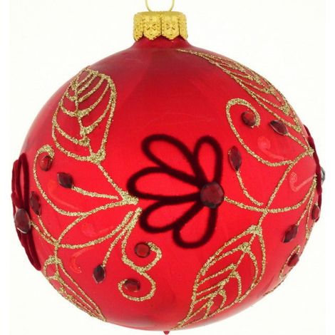 Pallina per albero di Natale in vetro rossa con motivi floreali dorati da 10 cm (1/4)