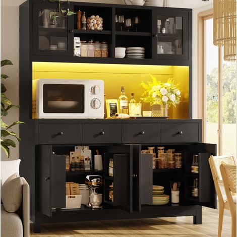 Credenza alta 140x38.5x180 cm, con LED RGB da app, ante in vetro, 4 cassetti, MDF nero (1/5)