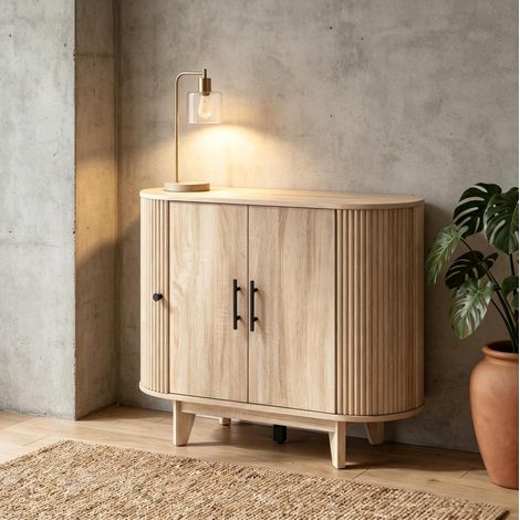 Buffet 90x40x76 cm en MDF et acier, naturel, avec rangement pour salle à manger FloraGrace (1/5)