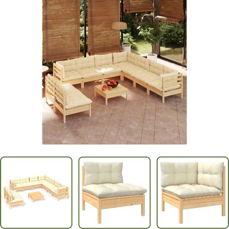 Terrassensofa - 10-tlg. Garten-Lounge-Set mit Creme Kissen Massivholz Kiefer (1/5)