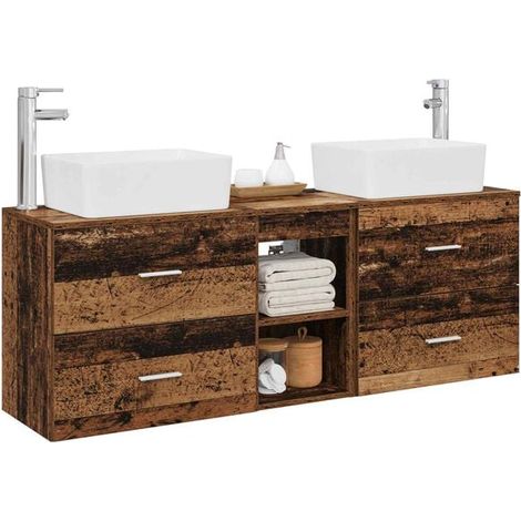 Ensemble Meuble de Salle de Bain 3 Pièces, Design Rétro en Bois, Armoire Vasque avec Miroir et Étagère de Rangement, Style Vintage pour WC et Douche (1/5)