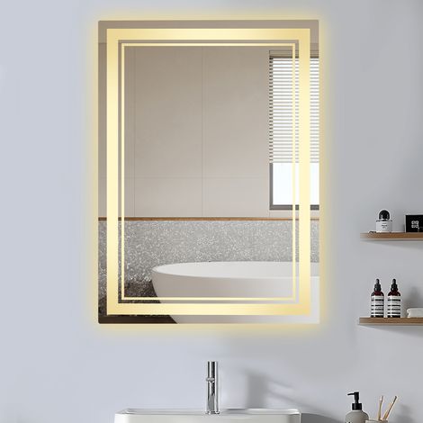 Rechteckiger Silberspiegel, 27,56 × 19,69 × 0,98 Zoll, LED-Badezimmerspiegel mit zwei Lichtquellen, stufenloser Dimmfunktion in drei Farben + Touch-Schalter, horizontale und vertikale Montage, europäi (1/5)