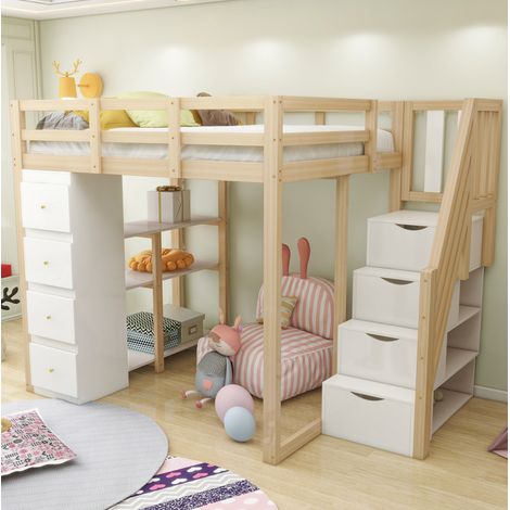Bett Hochbett Aufbewahrung 140x200 Holz Natur Weiss OKMYHOME (1/5)