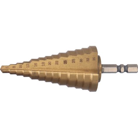 Stufenbohrer mit Titanbeschichtung, 118° Pagodenkegel, HSS-Reibwerkzeug, 1/4"-Sechskantgriff, 6–35 mm (1/5)