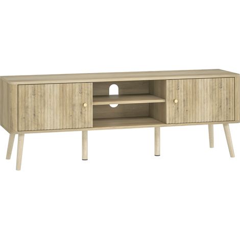 Meuble télévision 65 pouces avec rangement, 2 portes, 2 niches ouvertes, étagère ajustable, 140x35x49 cm, chêne (1/5)