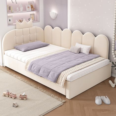 MEUBLIV Lit de jour gigogne en velours beige avec dossier rembourré et tête de lit en forme de couronne pour chambre enfant et invités (1/5)