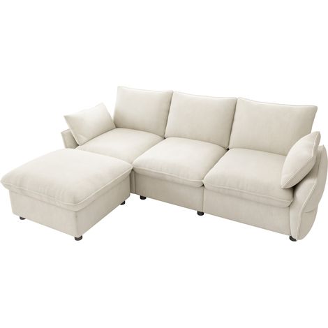 Sofá esquinero moderno en chenilla beige con otomana, 3 plazas (1/5)