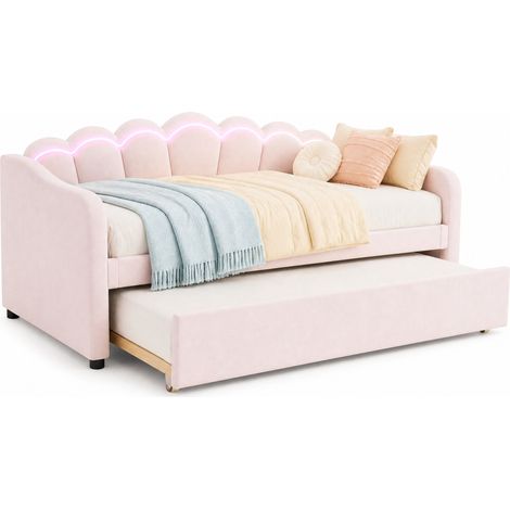 Cama nido 90x200 cm con cama extraíble, tapizada en terciopelo rosa y MDF, con LED ambiental regulable, estilo minimalista para dormitorio pequeño, CHICFURN (1/5)