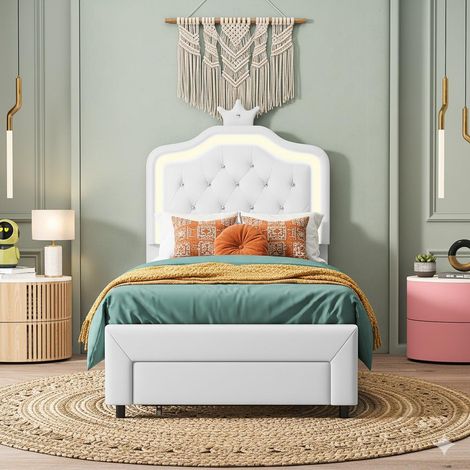 Bett 90 x 200 cm – Einzelbett/Kinderbett – mit Leuchtkopfteil „Lumineus Couronne“ – Stauraumschublade – Kunstleder – Weiß