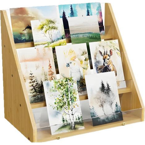 Grußkartenständer, 4-stufiger Grußkartenhalterständer, Grußkarten-Organizer aus natürlichem Bambus, Mehrzweck-Grußkartenhalter für Postkarten, Fotos, Aufkleber