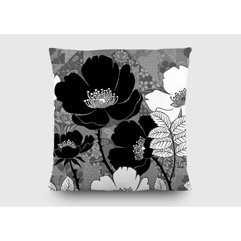 Coussin a motif a fleurs blanche et noir - 45 cm x 45 cm (1/5)