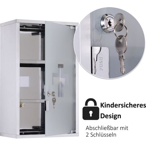 Armoire de toilette HOMCOM en acier inox métallique, verrouillable, 3 niveaux, porte en verre, pour stocker médicaments et produits, 30 x 18 x 50 cm (1/4)