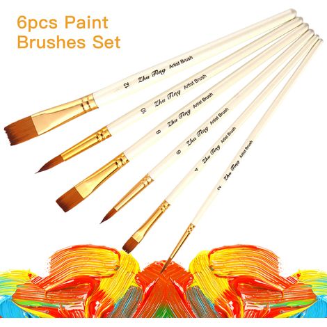 Lot de 6 pinceaux à peinture à pointes rondes et plates pour artistes, poils en nylon, manche en bois, fournitures d'art, cadeau pour enfants, adultes, débutants, huile acrylique, aquarelle, gouache, (1/5)