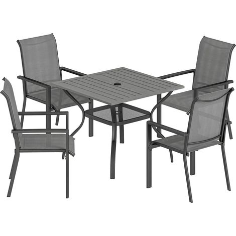 Set 5 Pezzi da Giardino Tavolo con Foro Centrale e Ripiano Inferiore con 4 Sedie Impilabili in Acciaio Grigio (1/5)