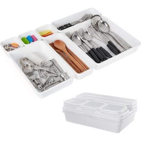 Lot de 8 Organiseurs Tiroirs, 3 Tailles Rangement Tiroir Plastique (2 Grands, Moyens, Petits), Séparateurs Tiroirs Empilables pour Maquillage, Cuisine, Bureau, Salle Bain (Blanc) - (1/5)