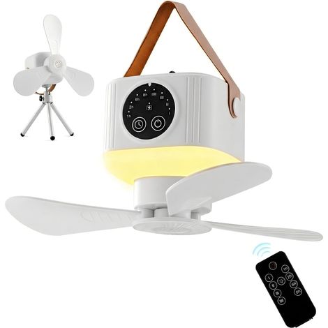 Ventilateur de camping portable 7200 mAh avec éclairage LED - 23,5 cm (9,25 pouces) - Rechargeable sans fil - Télécommande et minuterie - 4 vitesses et luminosité réglables - Idéal pour auvent, plage, (1/5)