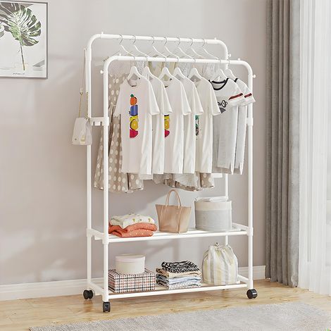 White Simple Floor-standing Multifunctional Double-pole Metal Clothes Hanger 80cm W x 35cm D x 135cm H