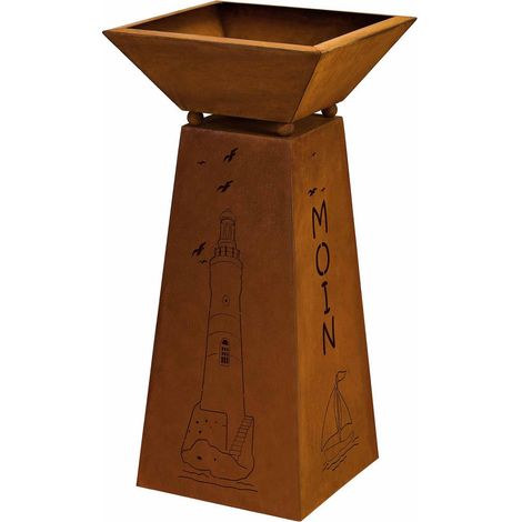 Colonne de Jardin avec Vasque à Fleurs Motif Phare Métal Patiné Rouille Maritime 35x35x57 cm - PANGIVO (1/5)