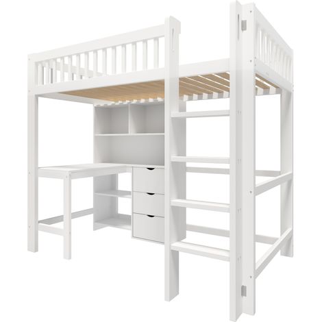 Lit mezzanine blanc 90x200 cm avec bureau, échelle, rangements et 3 tiroirs, sans matelas (1/5)