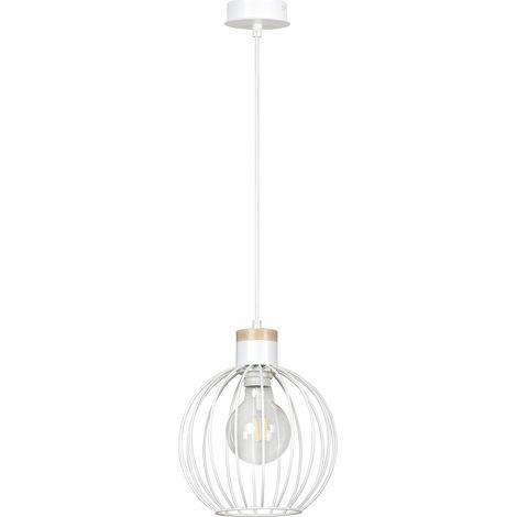 Sospensione 1 Luce Barbado Paralume A Gabbia In Acciaio Bianco E Legno Naturale (1/5)