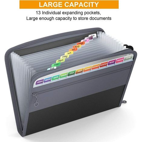 Extensible Pochettes pour Documents 13 Poches,A4 Trieur Document avec Fermeture à Glissière,Organisateur De Documents Porte-documents De Dossier D'accordéon avec Support De Poche Avant,Grise (1/4)