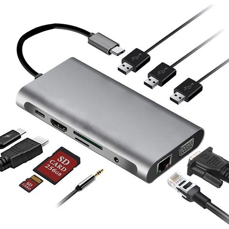 Typ-C auf RJ45/VGA/HDMI/HUB/PD/Audio unterstützt die gleichzeitige Anzeige von zehn in einem Multifunktions-Dockingstation