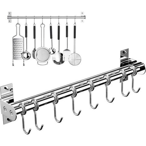 Support de rangement pour porte ustensiles - Cuisine - Acier inoxydable - 40 cm - 8 crochets - Antirouille (1/4)