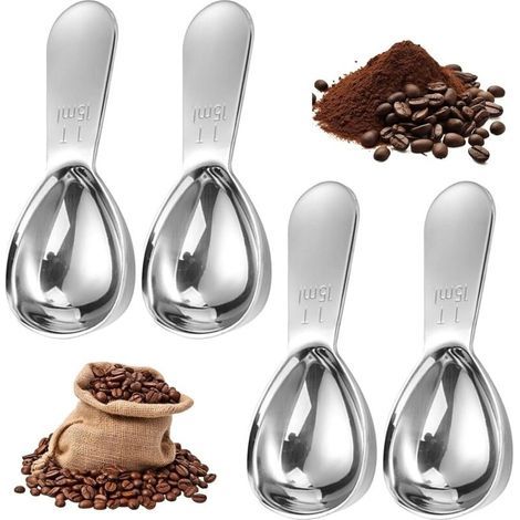Juego de 4 cucharas de café graduadas, cuchara medidora de 15 ml, cuchara medidora de café con mango corto, cucharas soperas con mango ergonómico para granos de café, polvo, azúcar y harina (plateado) (1/5)