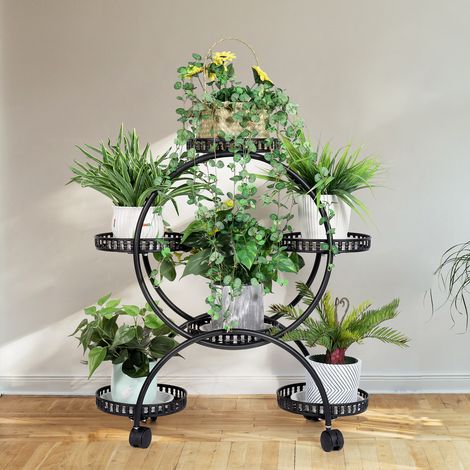 6 Potted Metal Plant Cart Stand With Moving Wheels Flower Pots Rack Holder for Patio Porch, Black (1/5)