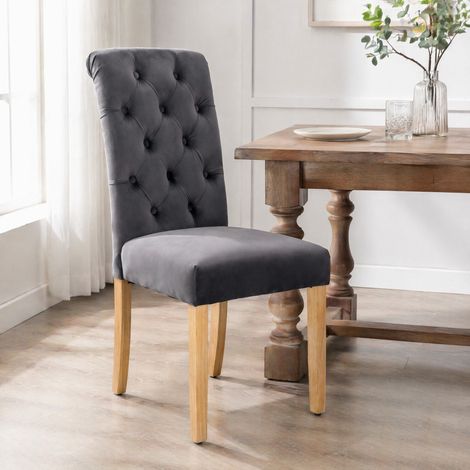 CHICFURN Set di 2 sedie da pranzo 43x65x101 cm in velluto grigio, gambe in rovere (1/5)