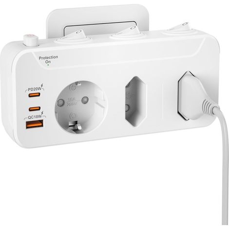 Multiprise Murale 3 Prises,Bloc Prise Multiple avec Interrupteur Individuel Multiprise USB C PD20W Charge Rapide,Triplite Electrique 1 Schuko 2 EU,Parafoudre et Surtension,90° Fiche Rotative,Blanc (1/5)