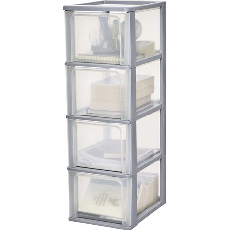 Iris Ohyama Cassettiera in Plastica, Portaoggetti, 4 Cassetti Medi, Grigio, Apertura Facile, Formato A4, A5 e A6, Organizzatore, Per Ufficio, Scuola, Cartoleria, Senza BPA, Contenitore, OCH-2400
