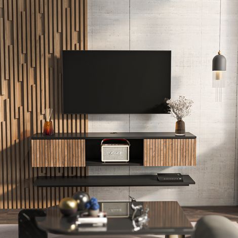 Meuble tv mural Elia flotant 140 cm - armoires - passe-cable - étagère murale incluse (noir et effet alina)
