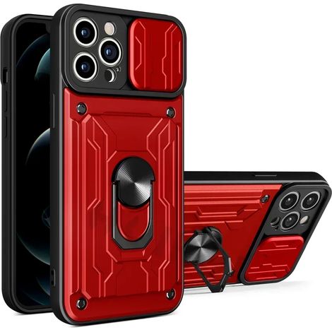 (Rouge, iPhone 15) Étui de téléphone à anneau magnétique 360° avec emplacement pour carte SIM et protection coulissante pour la caméra. (1/5)