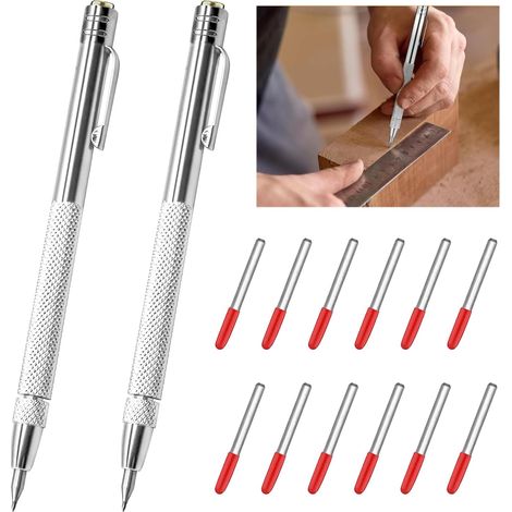 2 + 12 Tungsten Carbide Tracing Pens with 12 Spare Marking Tips, Tracing Tools for Sheet Metal, Ceramic, Glass, Wood, Plastic and Tiles, Magnetic Tracing Pen (1/5)