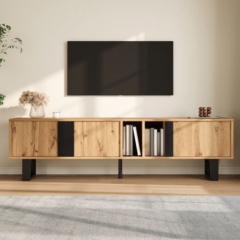 Meuble TV bas 160x40x50 cm, 3 portes à fermeture douce, 2 niches ouvertes, passe-câbles, MDF et aggloméré, Effet Bois et Noir (1/5)