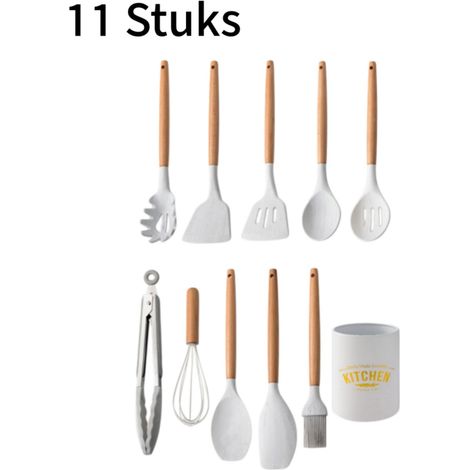 Ensemble de 11 ustensiles de cuisine en silicone avec revêtement antiadhésif motif marbré et manches en bois antidérapants avec gobelet de rangement en métal couleur blanche (1/5)