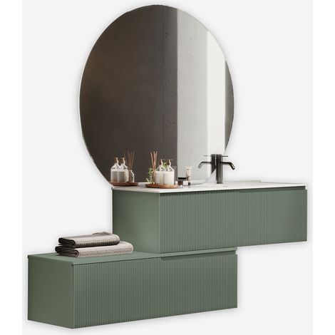 Mobile bagno sospeso con specchio led tondo e lavabo Venere DX - Verde