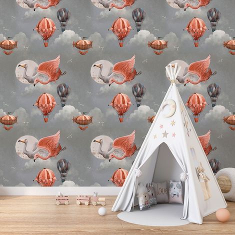 Papier peint panoramique Enfants - Motif Flamants Roses Montgolfières - 130 cm x 81 cm (1/4)