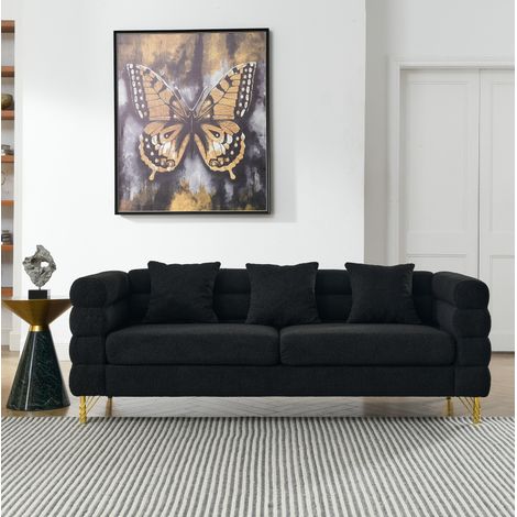 3-Sitzer-Sofa aus schwarzem Plüschstoff mit goldfarbenen Metallfüßen, Wolkendesign – MEUBLIV (1/5)