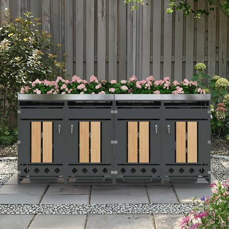 Mülltonnenbox ,mit rautenförmigen Belüftungslöchern, trash storage compartments,Abschließbar,vier Türen,Pflanzfläche,Türpaneel mit vertikaler Holzmaserung , Rautenförmiger Hohlsocke