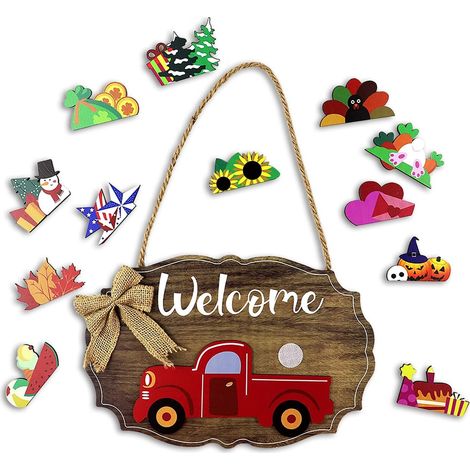 Panneau de bienvenue pour porte d'entrée, porche ou mur de maison de ferme, avec décorations interchangeables pour toutes les occasions spéciales, fêtes, Halloween, Thanksgiving, Noël (1/5)
