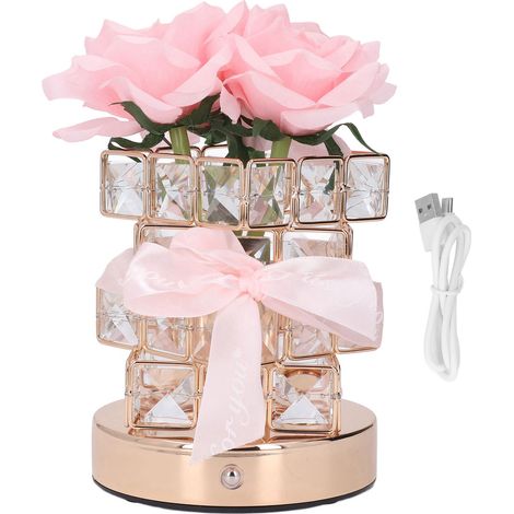 Lampe Rose LED rechargeable à commande tactile - 3 températures de couleur, ajustement progressif de la luminosité (vase cristal cube, fleur artificielle) - Déco de salon et chambre, cadeau idéal (1/5)