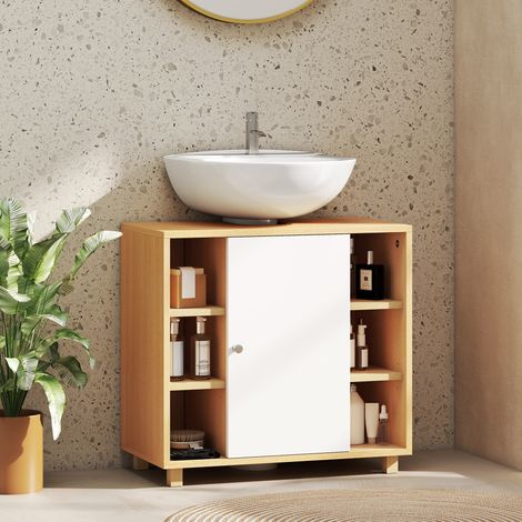 Meuble sous lavabo de salle de bain avec armoire à 2 portes, fermeture douce et 6 étagères ouvertes, 60x33x57cm, blanc. (1/5)