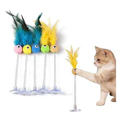 Jouets à plumes pour chats, Ressort Coloré pour Chat, Jouet Chat, Interieur Jouets pour Chats avec Ventouse, pour l'intérieur Chats et Chatons (1/5)