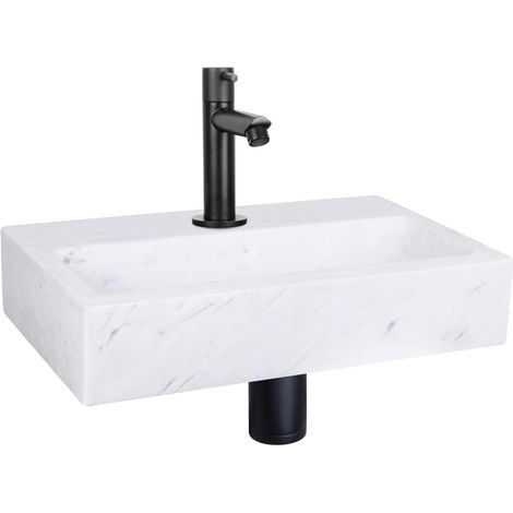 Differnz Flat kit lave-mains - 38x24x8cm - Rectangulaire - 1 trou de robinet - Robinet droit noir mat - Marbre Blanc (1/5)