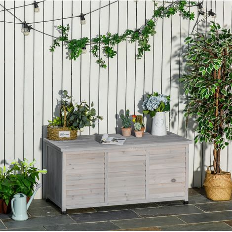 Coffre de jardin en bois résistant à l'eau, grand espace de rangement pour coussins et outils, banc d'extérieur et établi, gris clair, 127 x 56 x 60 cm  CHICFURN (1/5)