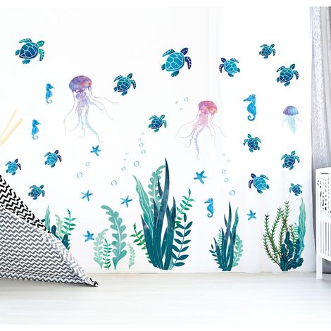 Unterwasser-Wandtattoos, Meeresschildkröten-Wandtattoos, bunte Meeresgras-Wandtattoos, Algenblasen-Vinyl-Wandtattoo, Meereswanddekoration für Badezimmer, Toilette, Schlafzimmer, Kinderzimmer