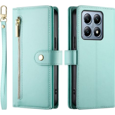 Custodia a libro per Xiaomi 14T Pro, con portafoglio e tasca con cerniera, colore verde. (1/5)